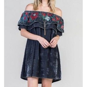 Umgee Plus XL off shoulder velvet embroidered dress Teal Boho